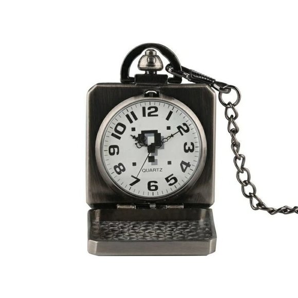 Mario Mystery Block Pocket Watch NEW Gift Nintendo Gamer Vintage Silver Classic - Picture 3 of 6